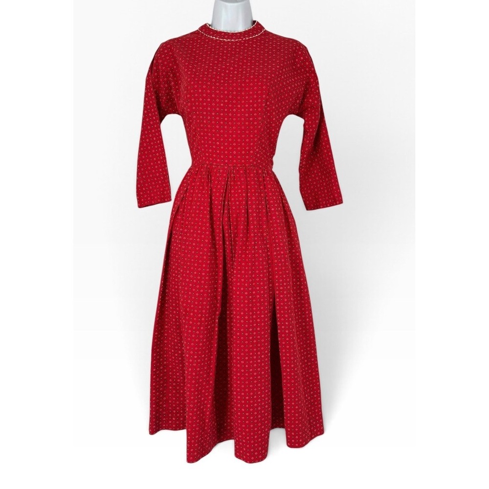 Vintage 50s Lanz Original Dress Women XS Red Heart Print Mid Century Fit Flare